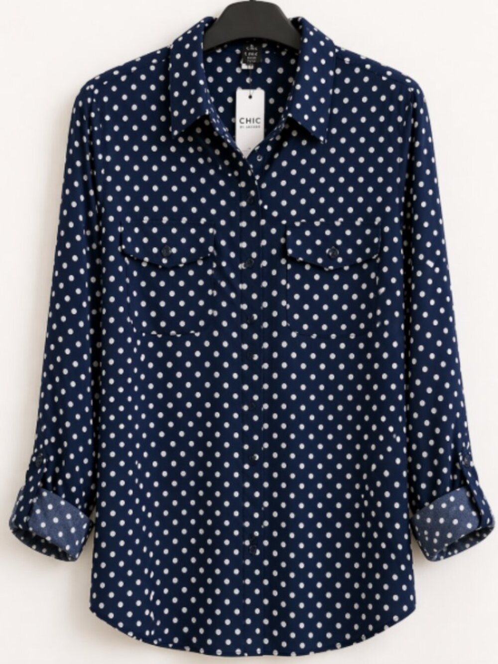 NWT CHIC by Jacobs Navy Polka Dot Button -Up Blouse Office Minimalist Workwear